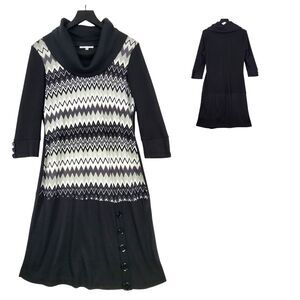 Sandra Darren Cowl Neck Knit Dress Large Chevron Lined Metallic Occasion Career